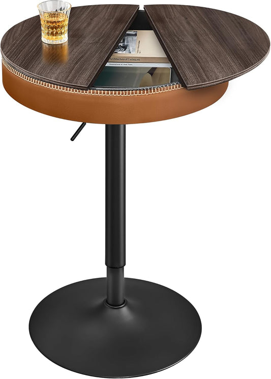 EKHO Collection - Height Adjustable Bar Table, round High Pub Table with Storage, Synthetic Leather with Stitching, Mid-Century Modern, Kitchen Home Bar, Ash Brown and Caramel Brown