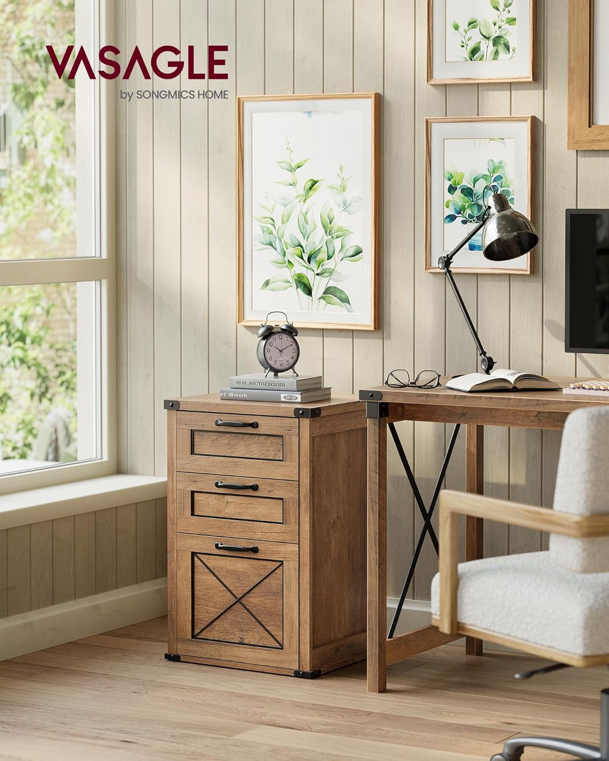 Lateral File Cabinet, Filing Cabinet with 2 Drawers, Printer Stand, 2 Open Compartments, Fit A4, Letter Size, Hanging File Folders, for Home Office, Farmhouse Style, Rustic White UOFC049T73