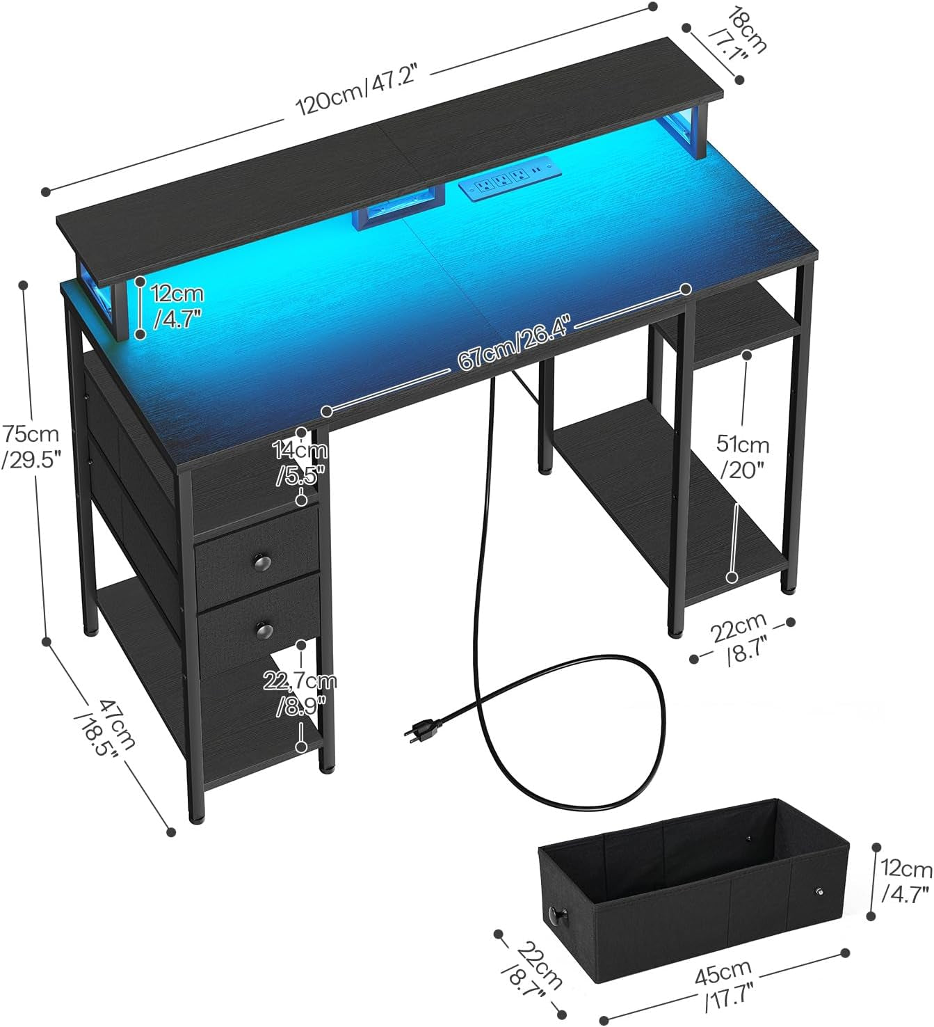 47 Inch Gaming Desk with LED Lights & Power Outlets, Computer Desk with Monitor Stand and Drawers, Gaming Table with Storage Shelves for Home Office, Study, Working, Black BB47UDDN01