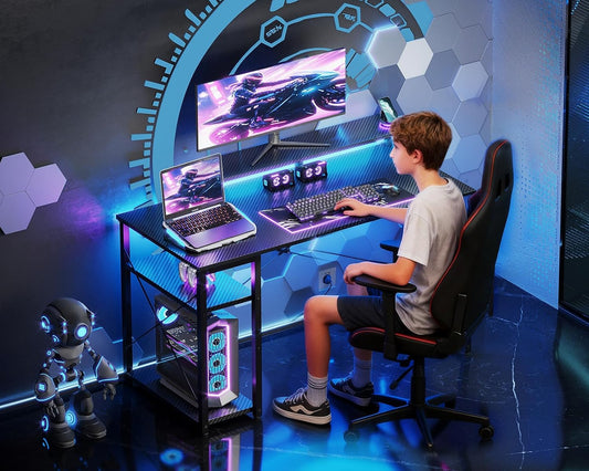 40 Inch Small Gaming Desk with Storage & Led Lights, Computer Desk with Shelf, Reversible Gamer Desk with Monitor Stand, Carbon Fiber Texture Black