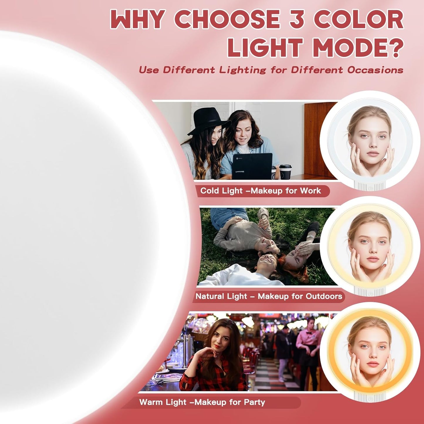 1X/30X Magnifying Mirror with Light and Adjustable Brightness, Makeup Mirror with 360° Rotation Adjustable Folding Handle, Portable Rechargeable Double Sided Mirrors, Foldable Vanity Mirror (White)