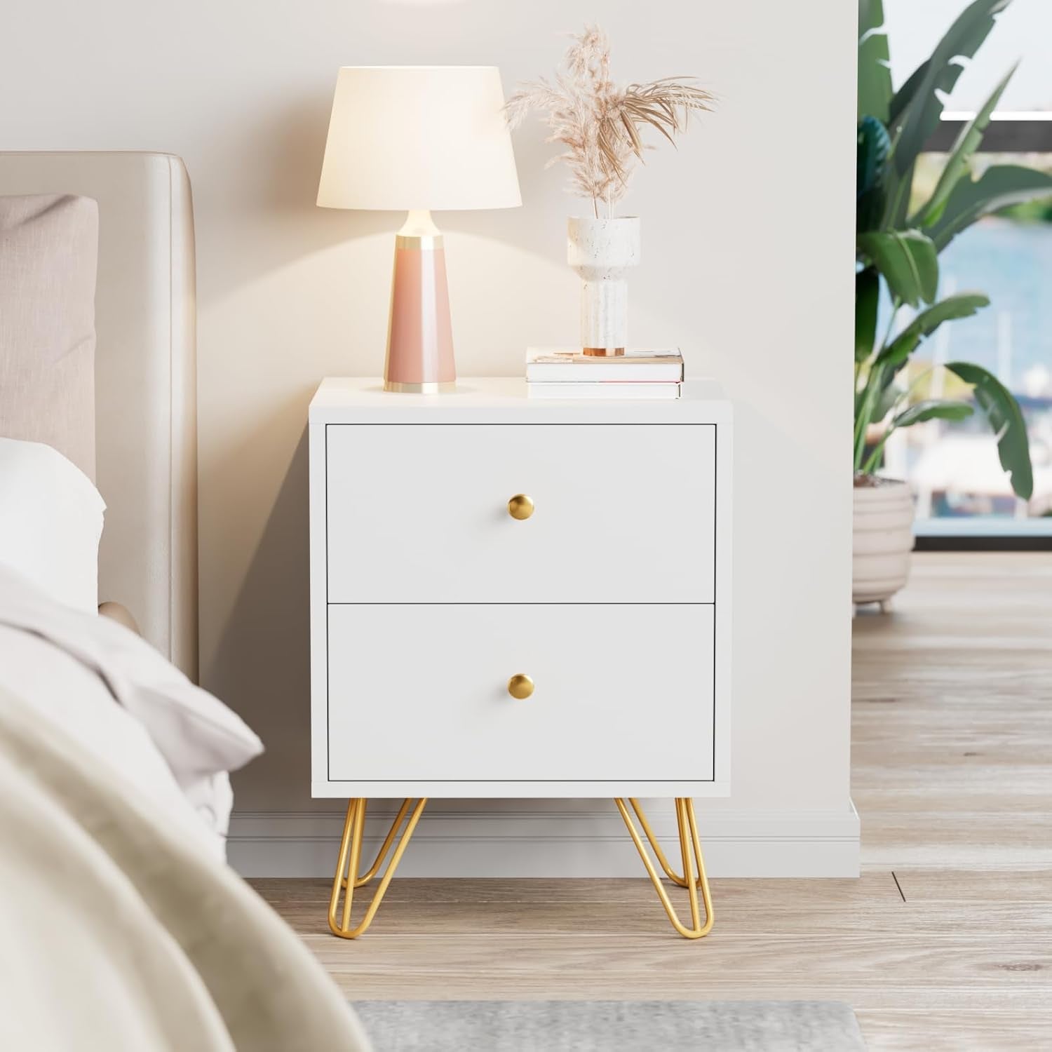 Nightstand Set of 2, End Side Table Double, Bedside Table with 2 Drawers, Dual Night Stand Metal Legs and Knobs for Bedroom Living Room (White)