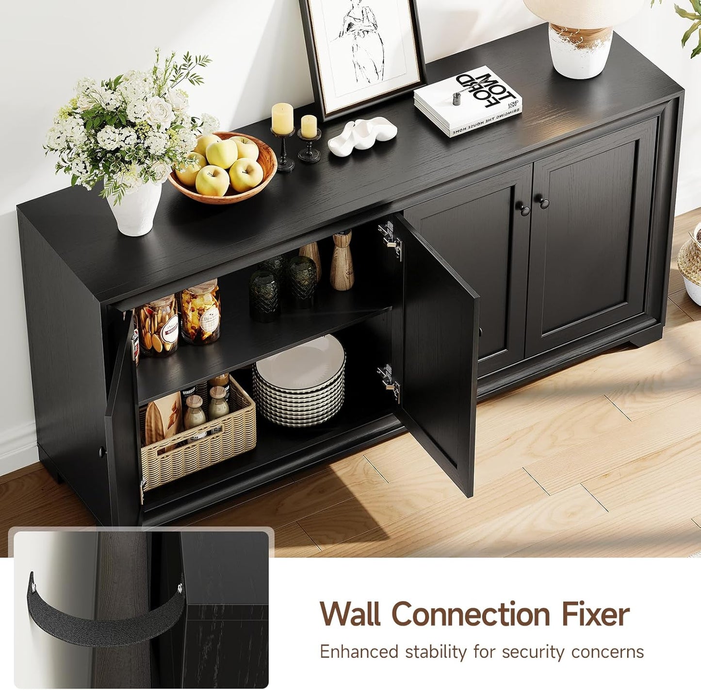 60" Buffet Cabinet with Storage, 4 Doors Sideboard Buffet Cabinet with Adjustable Shelves, Modern Coffee Bar Console Table for Living Room, Kitchen, Entryway, Black
