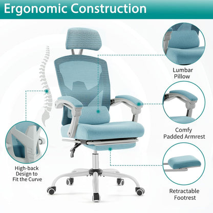 Home Office Desk Chair with Footrest, High-Back Mesh Rolling Swivel Reclining Chairs with Wheels, Comfortable Headrest, Lumbar Support, Comfy Arms