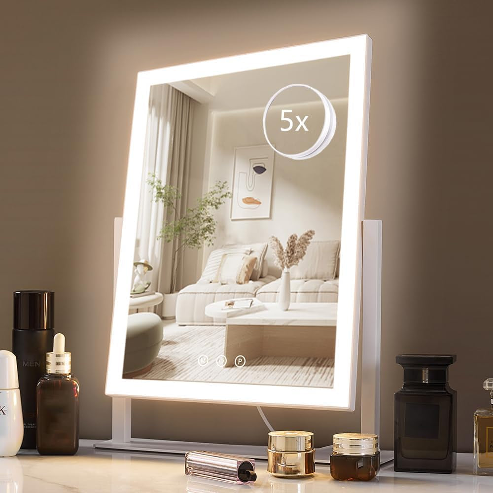 Lighted Makeup Mirror, Hollywood Vanity Mirror with Lights, Three Color Lighting Modes, and 5X Magnification Mirror, Smart Touch Control, 360°Rotation (17.3In,White,Gift Box)