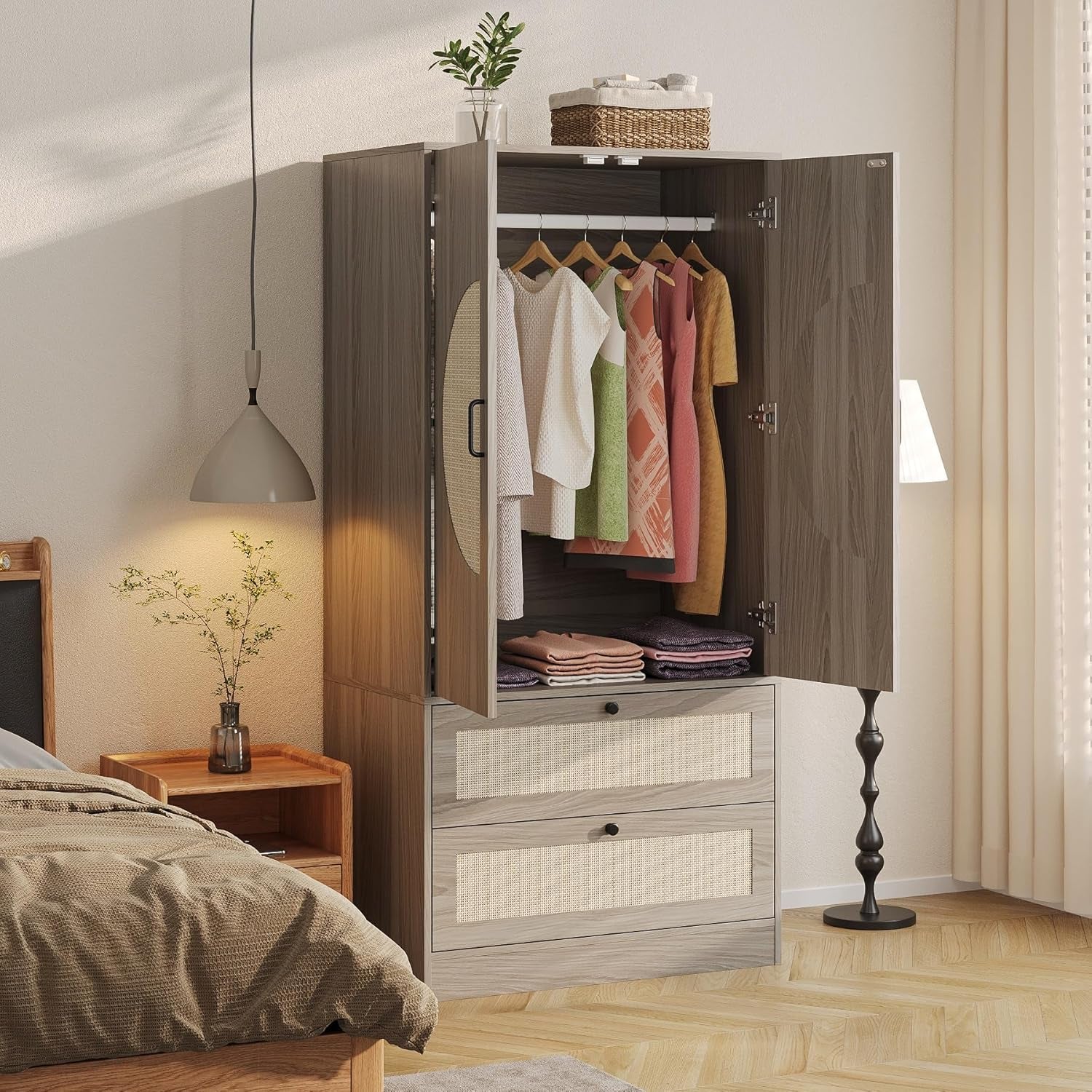 Modern Boho Wardrobe Closet Wiht 2 Drawers, 65" H Large Wooden Bedroom Armoires with Rattan Door & Hanging Rod, Freestanding Clothing Storage Cabinet for Dormitory, Apartment, Cloak Room