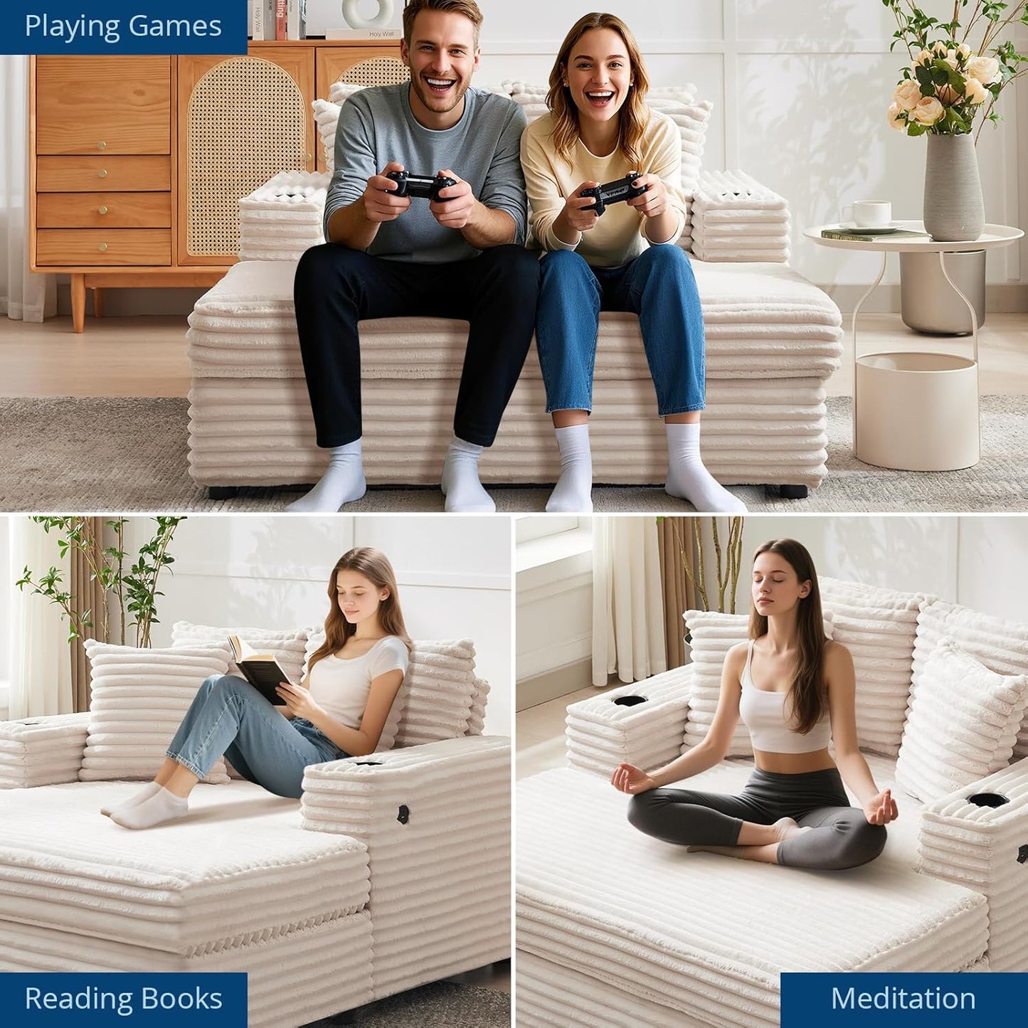 Oversized Chaise Lounge Chair Indoor, 60 Inch Upholstered Sofa Bed with Throw Pillows and Armrests, Comfy Corduroy Sleeper Couch for Living Room, Bedroom, Office, Beige