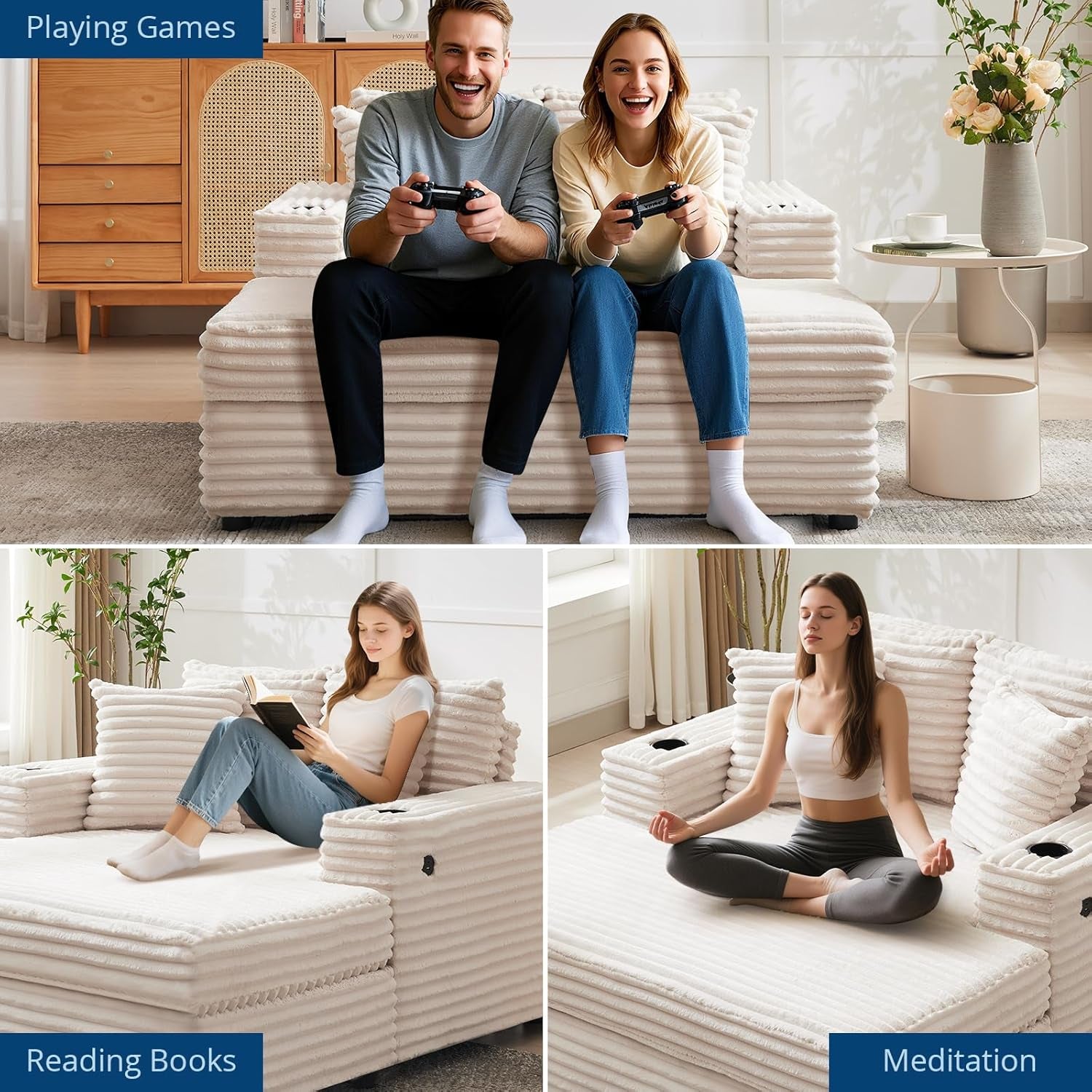 Oversized Chaise Lounge Chair Indoor, 60 Inch Upholstered Sofa Bed with Throw Pillows and Armrests, Comfy Corduroy Sleeper Couch for Living Room, Bedroom, Office, Beige