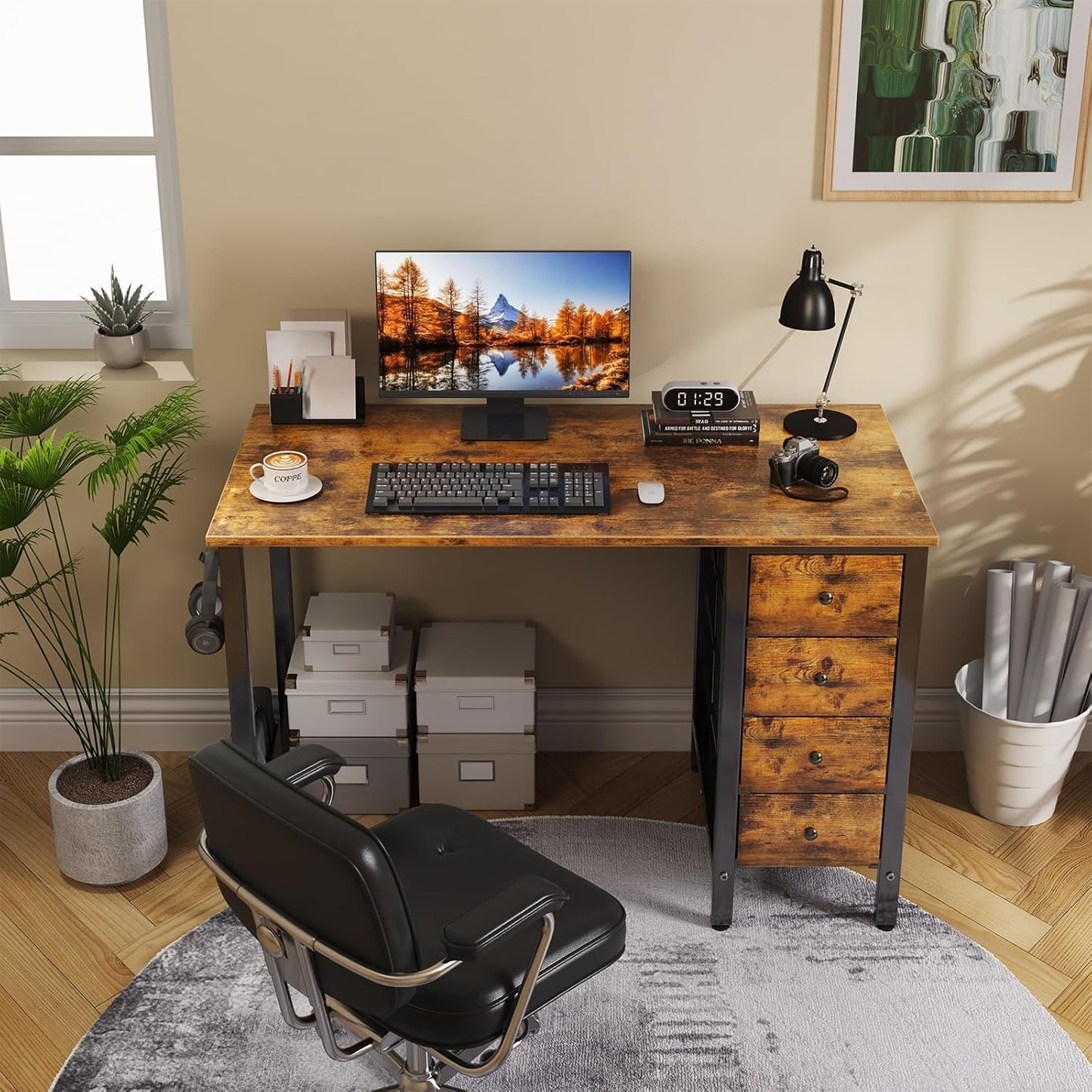 47 Inch Computer Desk with 4 Fabric Drawers, Reversible Writing Work Study Desk for Home Office Bedroom, Modern Simple Student PC Desks, Rustic Brown