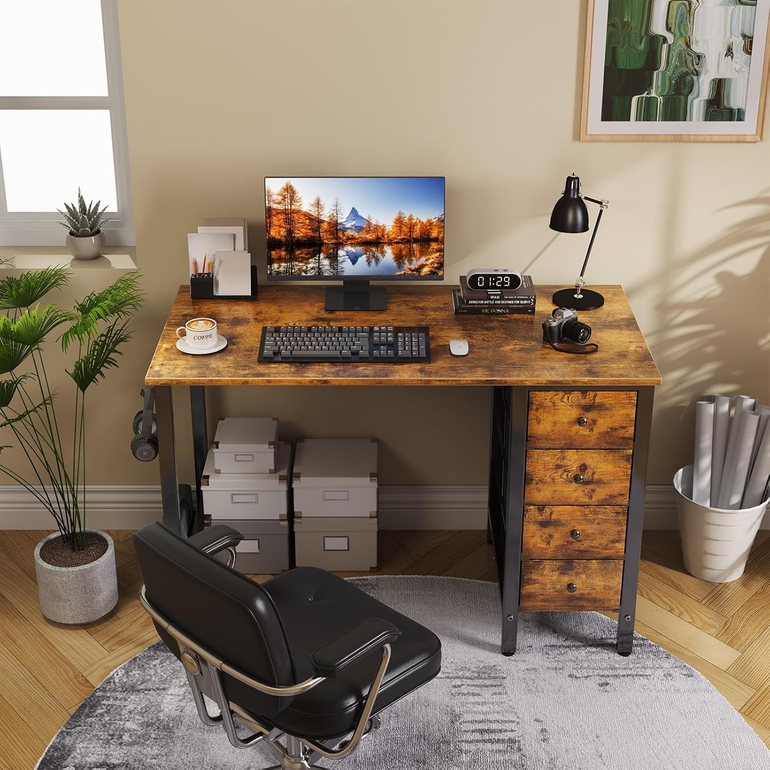 White Computer Desk with Drawers - 55 Inch Long Study Work Writing Desk for Home Office Bedroom, Reversible Simple Modern Cute PC Desks with Fabric Drawer, White