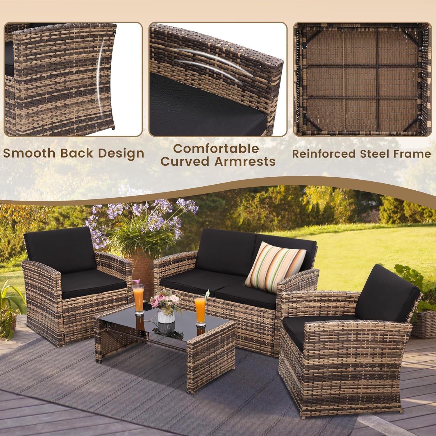 4-Piece Patio Furniture Set, Wicker Outdoor Rattan Sectional Sofa with Cushions and Glass Table, All-Weather Outdoor Conversation Set for Garden, Porch, Backyard, Patio, Black