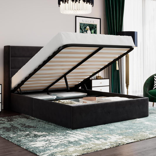 Queen Size Lift up Storage Bed/Velvet Upholstered/Modern Wingback Headboard/Upholstered Platform Bed Frame/Hydraulic Storage/No Box Spring Needed/Black