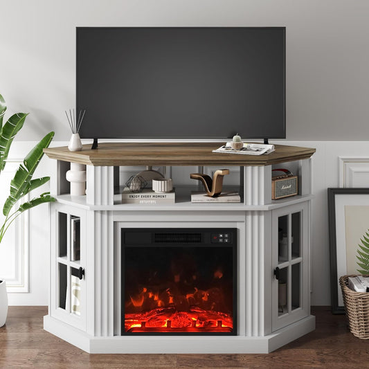 Corner Fireplace TV Stand for Television up to 55" with Storage Cabinets, Entertainment Center, Media Console for Living Room, Bedroom, White＆Rustic