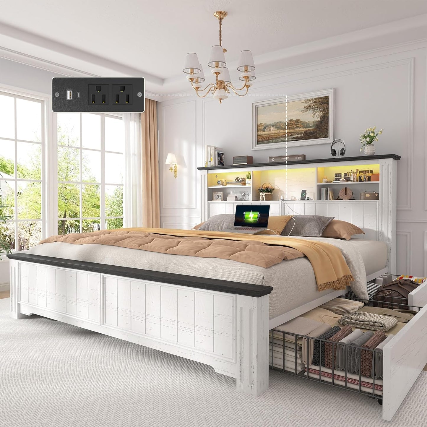 Queen Bed Frame with Headboard, Bed Frame Queen Size with 4 Drawers Charging Port & LED, Farmhouse Queen Bed Built in Charging Station,No Box Spring Needed,No Noise,White with Grain Marks