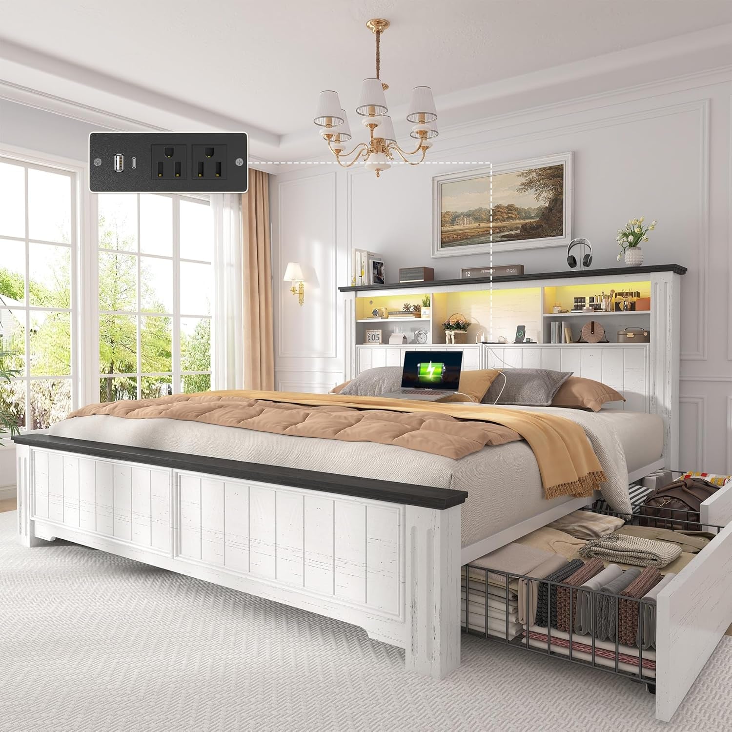 Queen Bed Frame with Headboard, Bed Frame Queen Size with 4 Drawers Charging Port & LED, Farmhouse Queen Bed Built in Charging Station,No Box Spring Needed,No Noise,White with Grain Marks