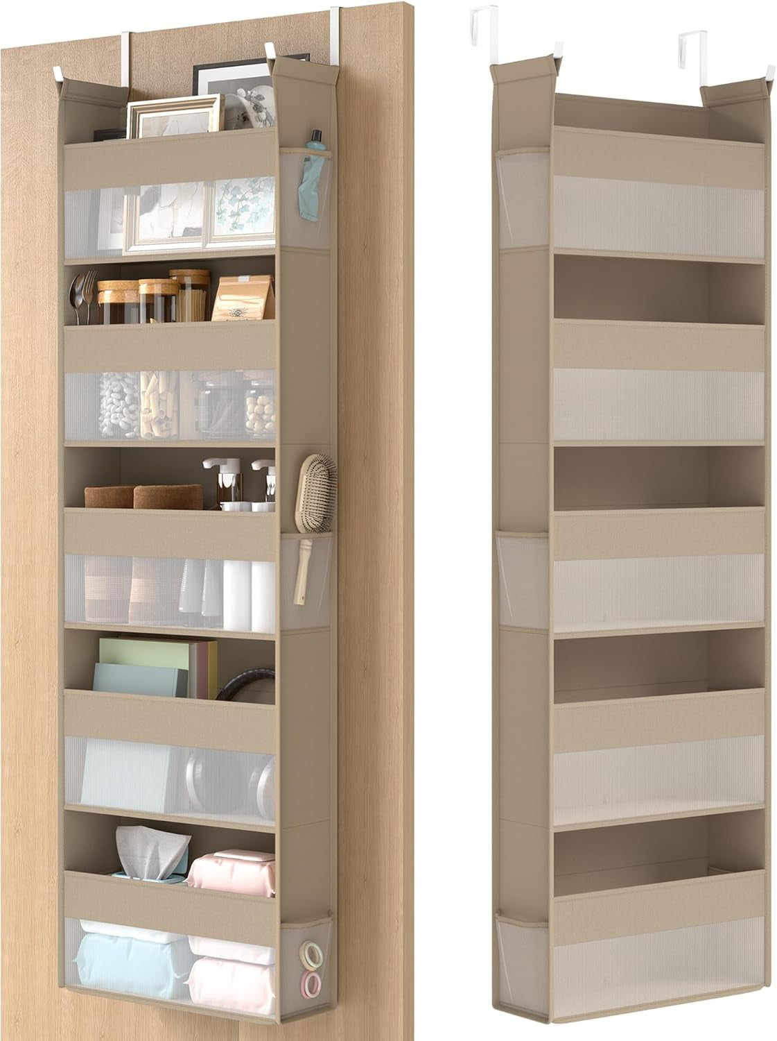 over the Door Organizer, Hanging Door Organizer with 5 Large Pockets, 5-Tier Fabric Storage, Transparent Nylon Mesh, Foldable, Metal Hooks, with Side Pouches, Dove Gray URDH007G01