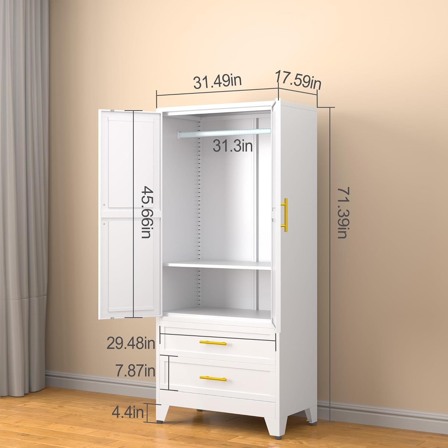 Metal Armoire Wardrobe Closet, 71 "Metal Clothing Storage Cabinet with Adjustable Shelves and Hanging Rod, Household Steel Wardrobe Storage Cabinet with Drawers (Armoire-White)