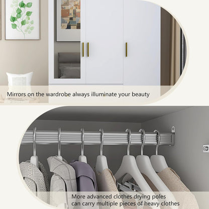 3 Door Wardrobe Closet with Mirror & LED Lights, Bedroom Armoire with Drawers & Shelves, Modern Wooden Armoire Wardrobe Closet with Hanging Rod for Bedroom, White