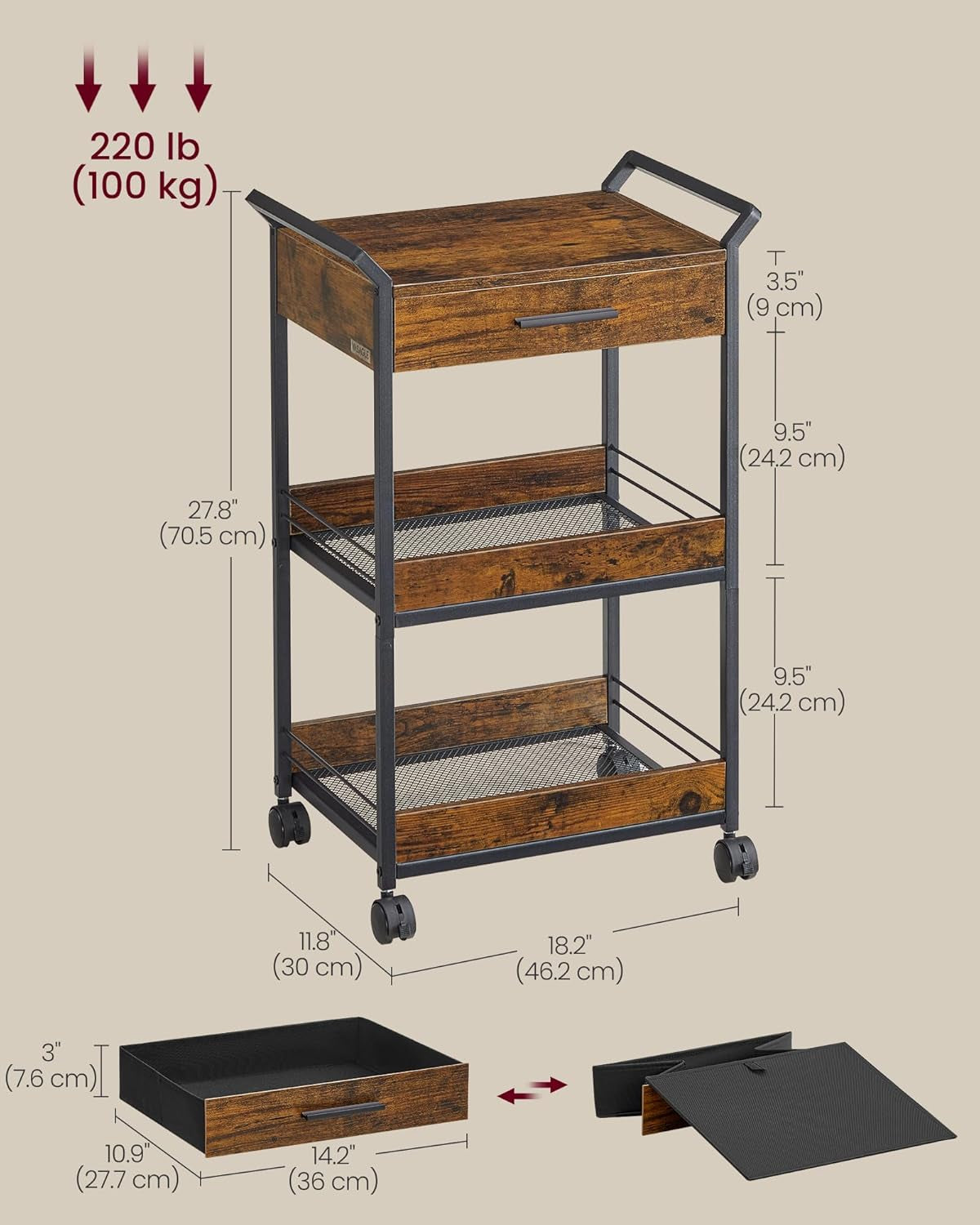 Storage Cart, 3-Tier Rolling Utility Cart with Table Top, Handles, 4 Lockable Casters, Top Drawer, Mesh Shelves, for Kitchen, Bathroom, Bedroom, Rustic Brown and Ink Black ULRC048K01