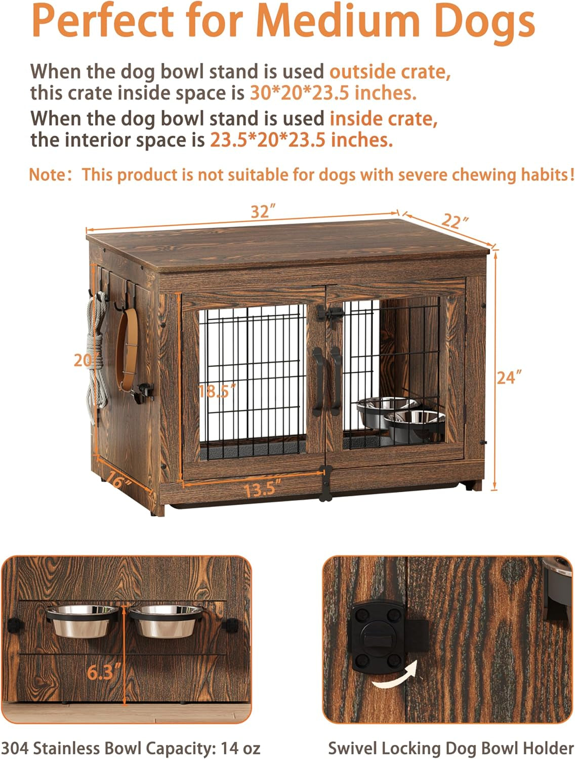Wooden Dog Crate Furniture with 360°Rotatable Removable Dog Bowls, Dog Crate End Table with Tray, Double Doors Dog Kennels for Dogs(M:31.8" L*22.1" W*24.1" H, Rustic Style)