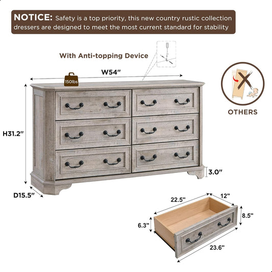 Farmhouse 6 Drawers Dresser for Bedroom, 54" Wide Wood Rustic Chest of Drawers with Natural Texture, Vintage Design, Storage Dressers Organizer for Bedroom, Living Room Light Rustic Oak