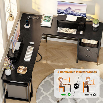 66” L Shaped Desk with Power Outlet, Reversible Computer Gaming Desk with File Drawer & 2 Monitor Stands for Home Office with Storage Shelves, Black