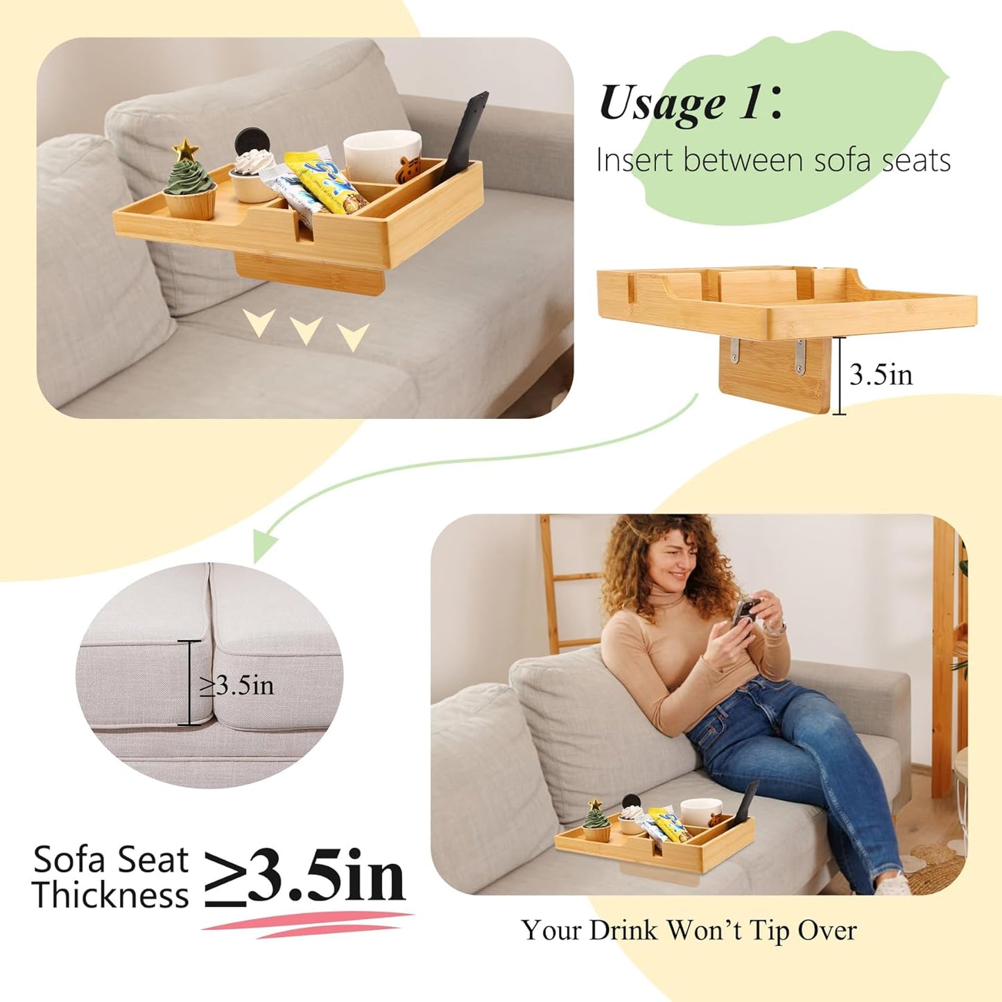 Couch Tray Insert for Middle,Bamboo 15.3″X9.8″ Sofa 2 Cups Holder Table between Couch Cushions,Fit Armless Couch/Sectional, 2-In-1 Fold-Flat Tray for Drink Snack Remote Holder