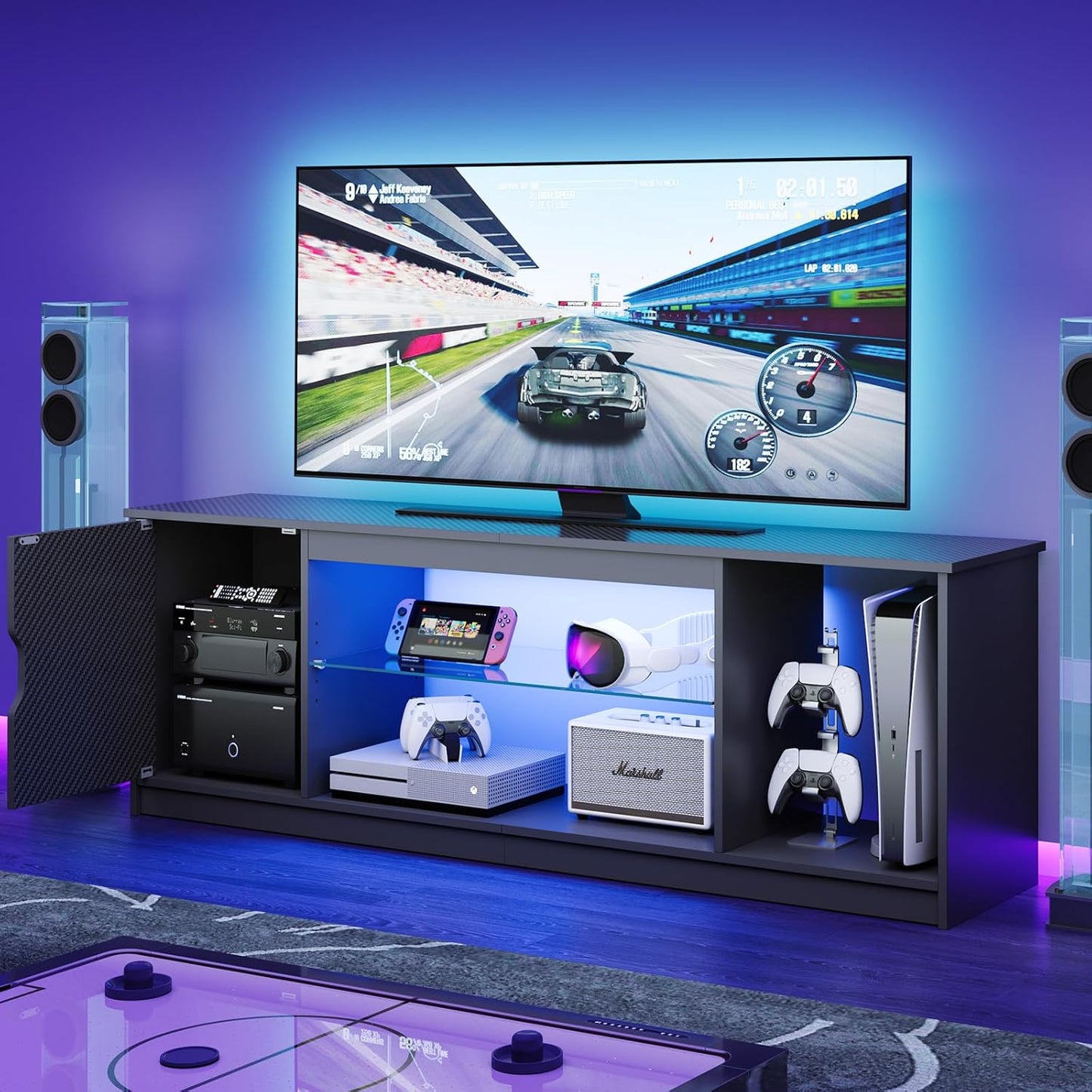 LED TV Stand for 55/60/65 Inch TV, Gaming Entertainment Center with Cabinet for PS5, Xbox,Modern TV Cabinet with Adjustable Glass Shelves for Living Room, Bedroom 57 Inch,Black