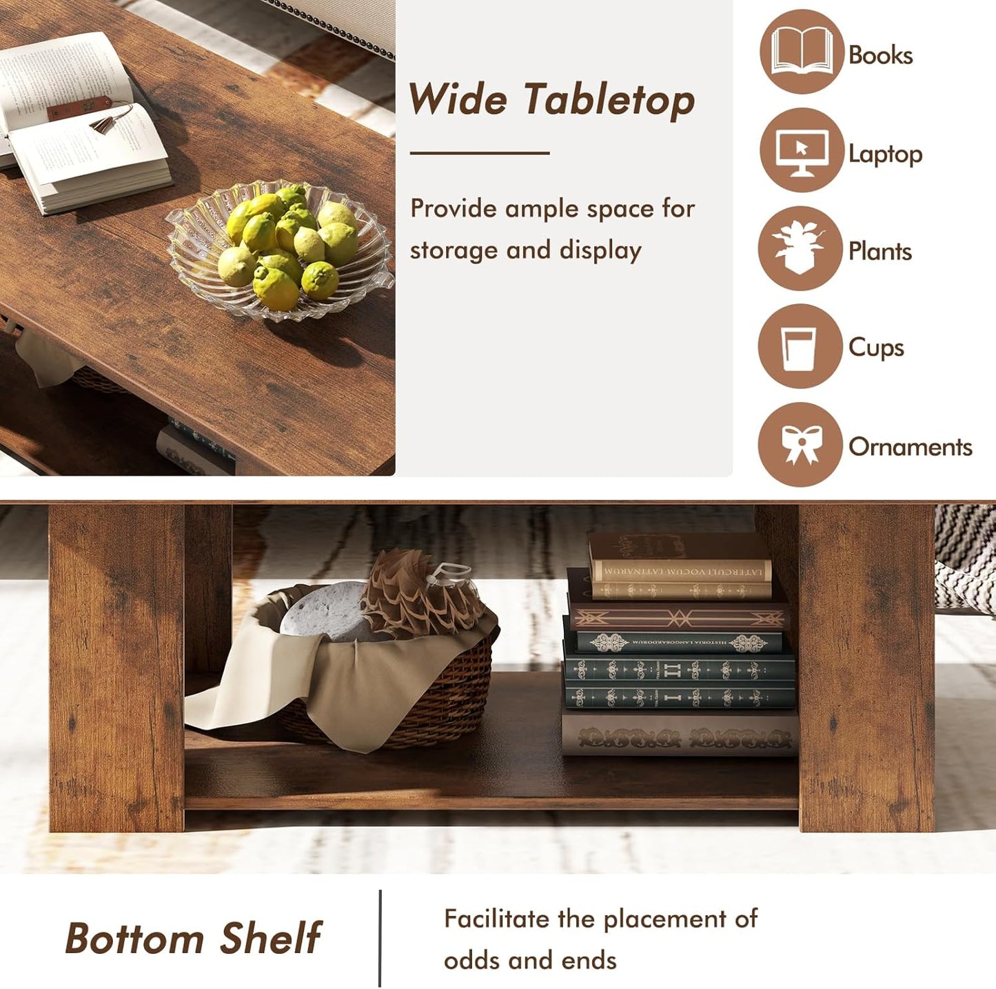 2-Tier Coffee Table, Modern Rectangular Center Cocktail Table with 5 Support Legs, Wooden Accent Living Room Furniture, Small Coffee Table for Small Spaces, Easy Assembly (Rustic Brown)