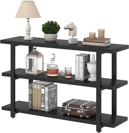 Black Entryway Table, Modern Console Tables with 3 Tier Storage Shelves for Living Room, Wood and Metal Sofa Table for Hallway, Entrance, or behind Couch, 47 Inch