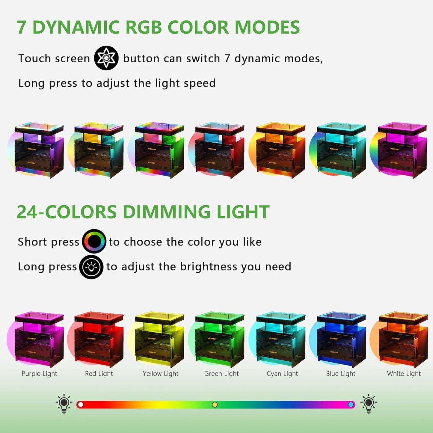 RGB Nightstand with Wireless Charging Station, LED Night Stand with Motion Sensor Lights, Smart Bedside Table with Changing Strip Lights with Remote,High Gloss Side Table/Glass Top (Black)