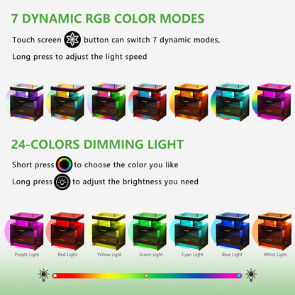 RGB Nightstand with Wireless Charging Station, LED Night Stand with Motion Sensor Lights, Smart Bedside Table with Changing Strip Lights with Remote,High Gloss Side Table/Glass Top (Black)