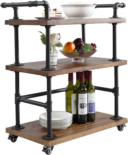 Industrial Pipe Bar Carts/Serving Carts/Kitchen Carts/Wine Rack Carts on Wheels with Shelves - Wood Rolling Carts - Wine Tea Liquor Shelves/Holder - Home Furniture