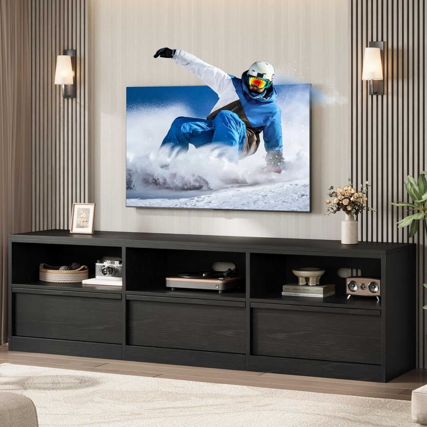 70 Inch TV Stand for 80" Tvs, Mid Century Modern Entertainment Center with Storage Drawer & Open Shelves, Wood Media Console Cabinet for Living Room/Bedroom, Black