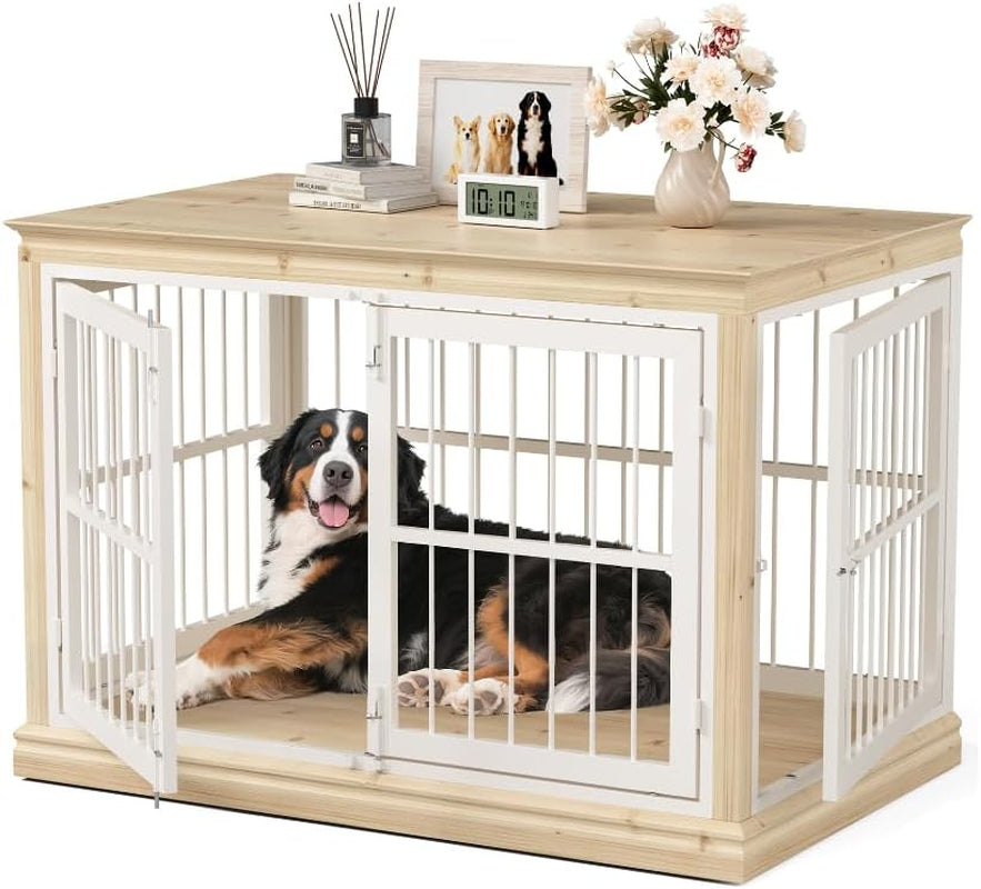 42 in Solid Wood Dog Crate Furniture for Dogs-Dog Kennel Indoor for End Table, Chew-Proof and Silent Latches Design for Large and Medium Dogs, Dog Kennel Furniture-(Brown+Black)