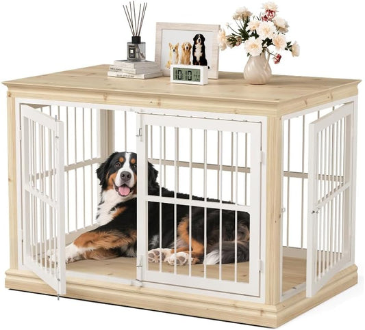 48 in Solid Wood Dog Furniture Crate for Dogs-Large Dog Crate Sideboard and TV Stand, Large, Wood Dog Crate Kennel-(White+Natural)