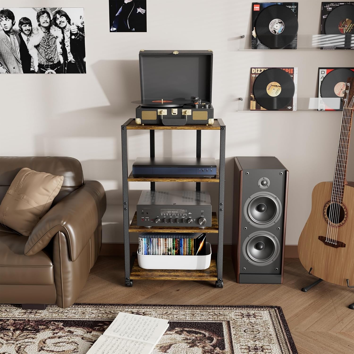 AV Media Stand with Wheels, 4-Tier Game Console Shelf, Rolling Media Cart for Small Space, Stereo Racks and Stands, Ideal for Record Player, Game Console, DVD Player, and Projector, Wood