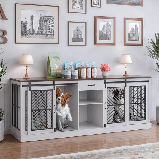 Large Pet Crate Furniture-Style Dog Cage for 2 Pets, Wooden TV Stand with Divider & Drawer Storage, Modern Design Kennel Indoor, 86.6" L X 23.6" W X 33.5" H
