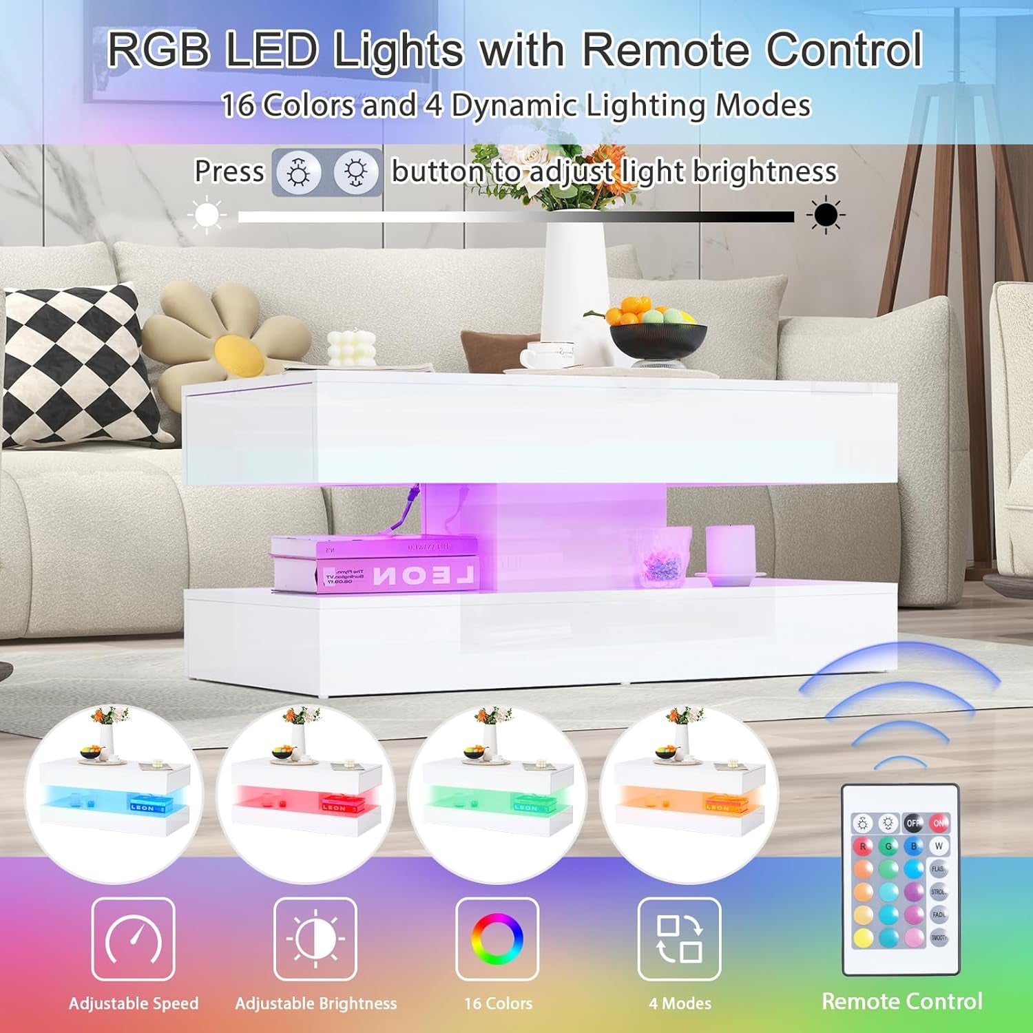 Modern High Gloss LED Coffee Table with Storage, 2-Tier Center Table with Open Display Shelf & 2 Sliding Drawers, Rectangle Coffee Tables for Living Room, Bedroom