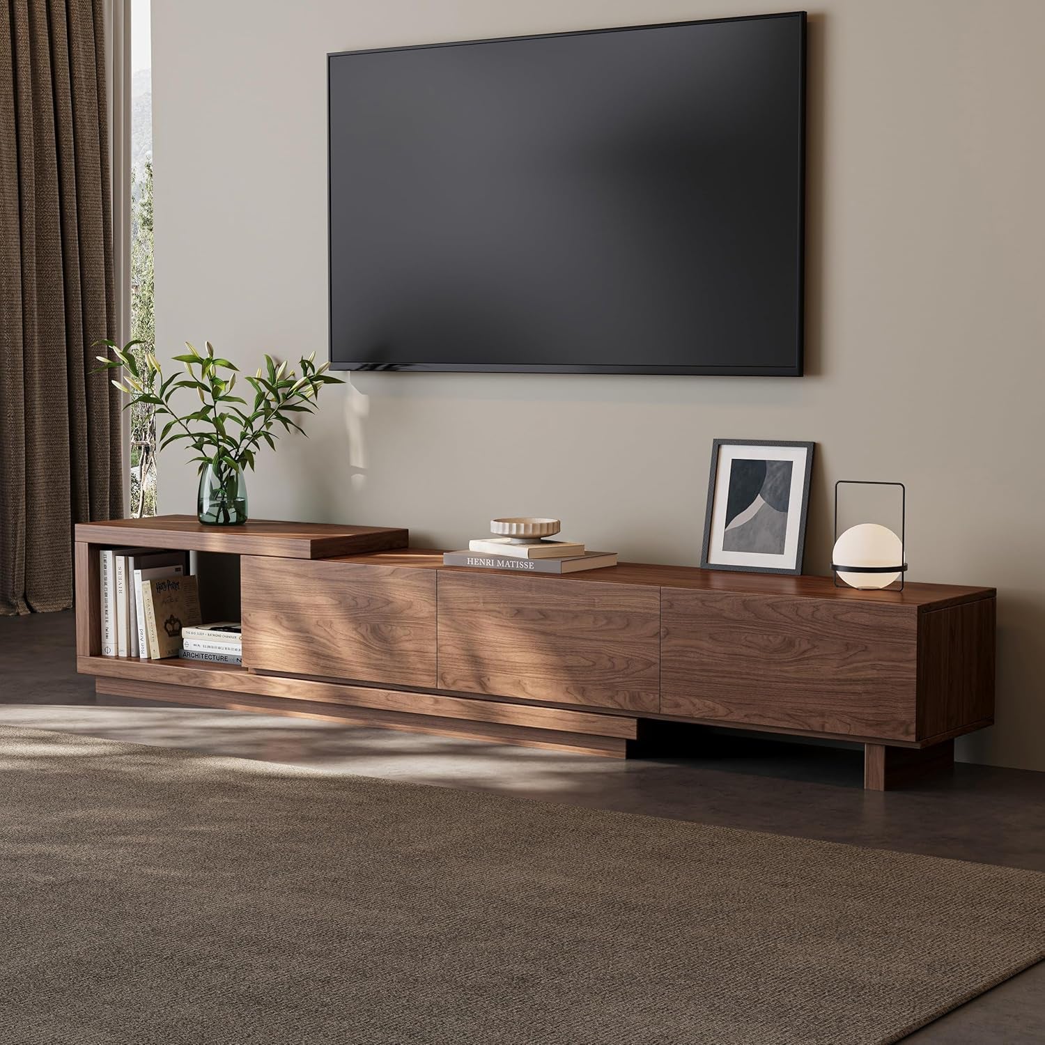 Extendable TV Stand for 65-100 Inches Tvs – Walnut Entertainment Console with 3 Drawers & 1 Storage Compartment, Adjustable Length 68.5''-98.4'' (Walnut, 68.5''-98.4'')
