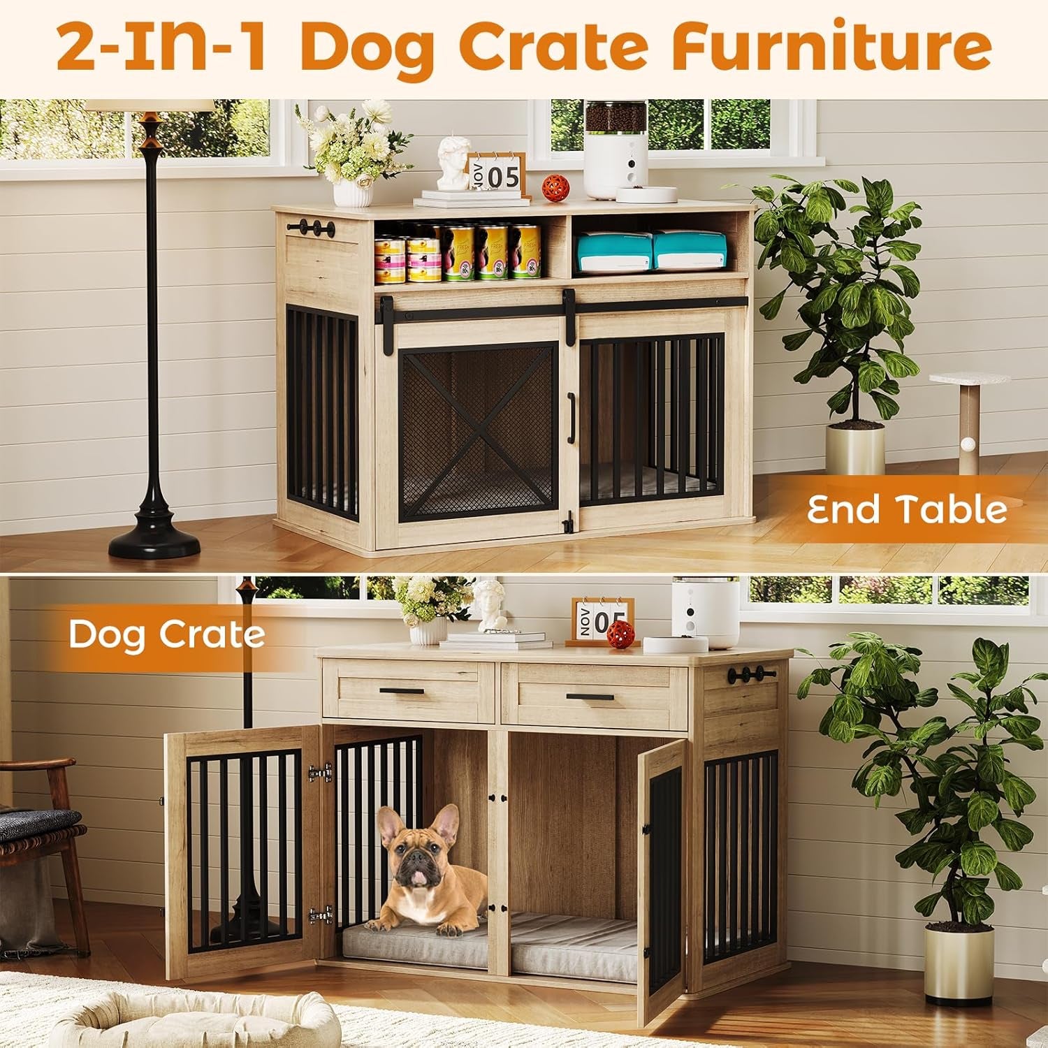 Extra Large Dog Crate Furniture,44.5 Inches Wooden Dog Crate with 2 Storage Drawers and 3 Hooks,Heavy Duty Pet Crate for Large Dog, Decorative Pet Cage with Sliding Barn Door for Indoor,Grey