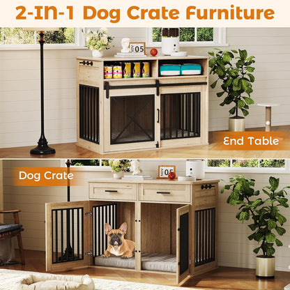 Extra Large Dog Crate Furniture,44.5 Inches Wooden Dog Crate with 2 Storage Drawers and 3 Hooks,Heavy Duty Pet Crate for Large Dog, Decorative Pet Cage with Sliding Barn Door for Indoor,Grey