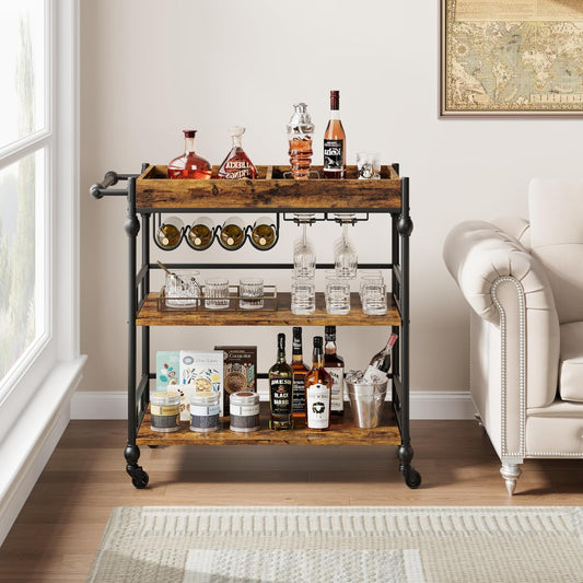 Bar Cart, Bar Carts for the Home, 3 Tier Serving Cart with Wheels, Home Bar & Serving Carts, Metal Rolling Cart with Wine Rack & Removable Tray for Kitchen, Dining Room, Living Room-Retro Brown