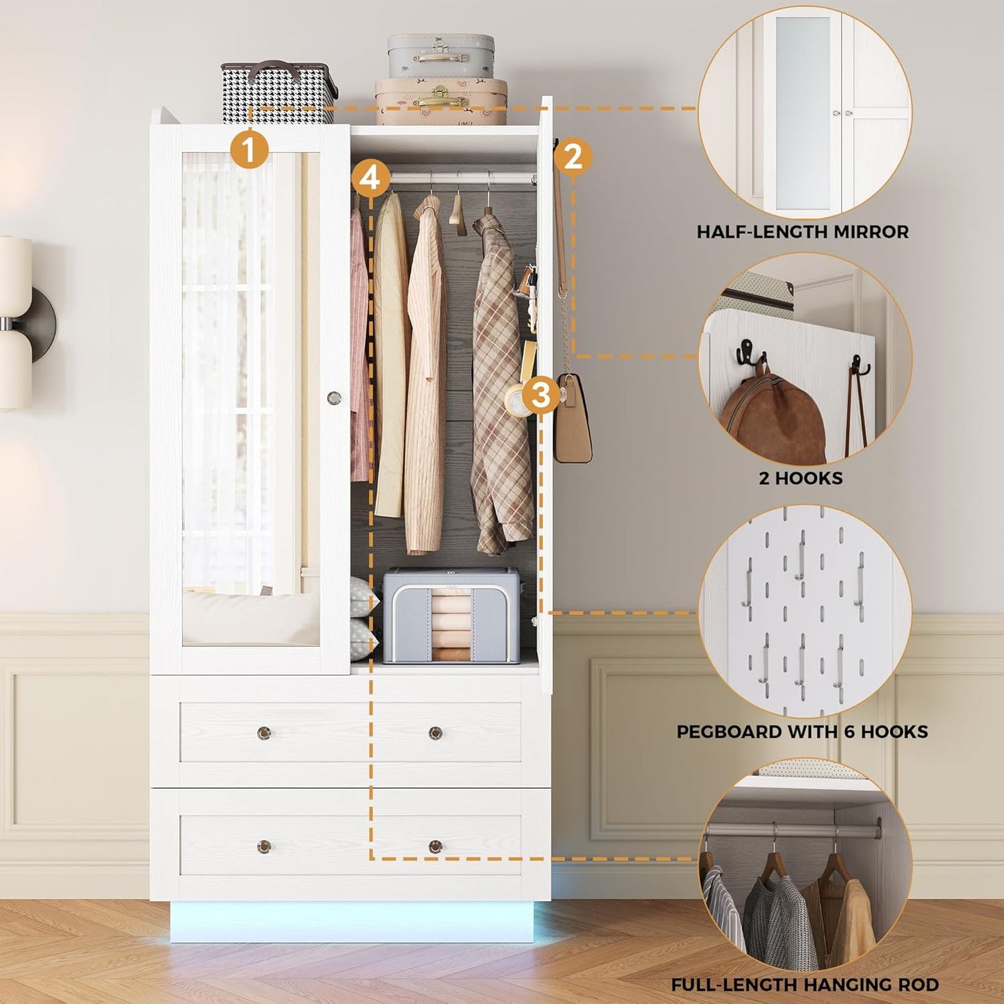Wardrobe Closet with LED Light & Mirror, Wooden Modern Armoire with 2 Drawers and Hanging Rod, Large Capacity Storage Closet for Bedroom, White