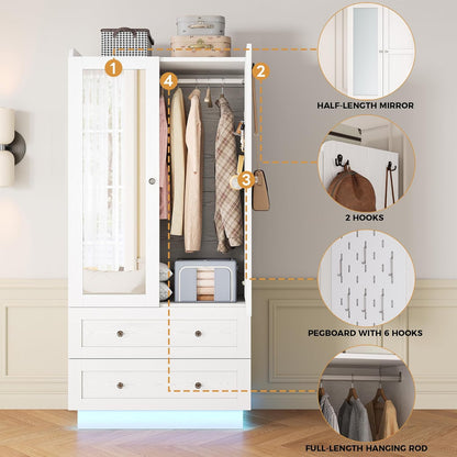 Wardrobe Closet with LED Light & Mirror, Wooden Modern Armoire with 2 Drawers and Hanging Rod, Large Capacity Storage Closet for Bedroom, White