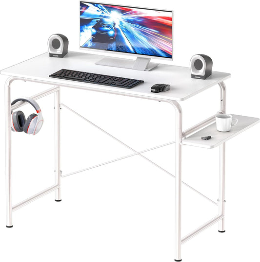 Small Gaming Home Office Computer Desk with Shelf, White