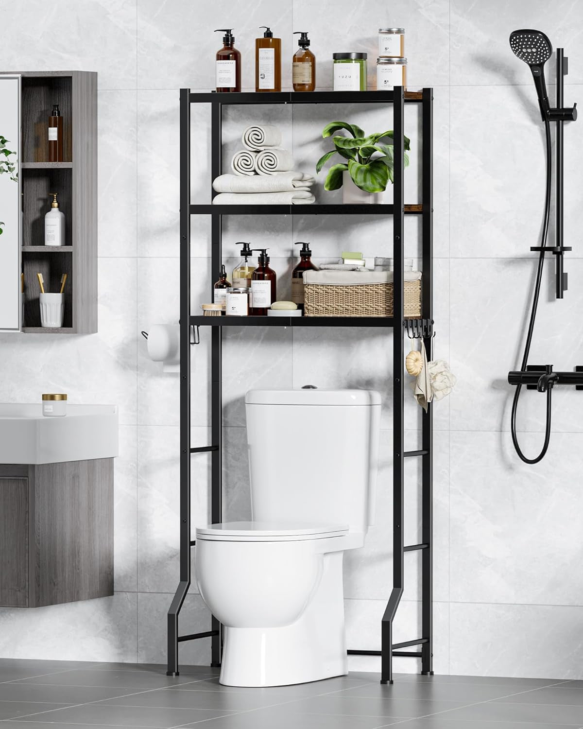 Over-The-Toilet Storage Rack - Freestanding over the Toilet Storage Cabinet with Paper Holder & Hooks, Bathroom Organizers and Storage, Brown + Black, 3 Tiers (61" H)
