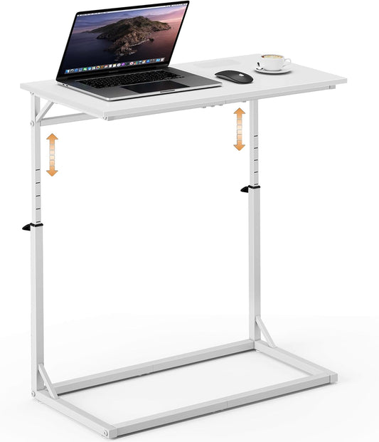 C Shaped End Table, Tall Side Table for Couch, C-Table End Table Adjustable Height Side Table, Large Surface Sofa Table TV Tray, Slide under Couch Table for Sofa, Living Room, Bedroom, White