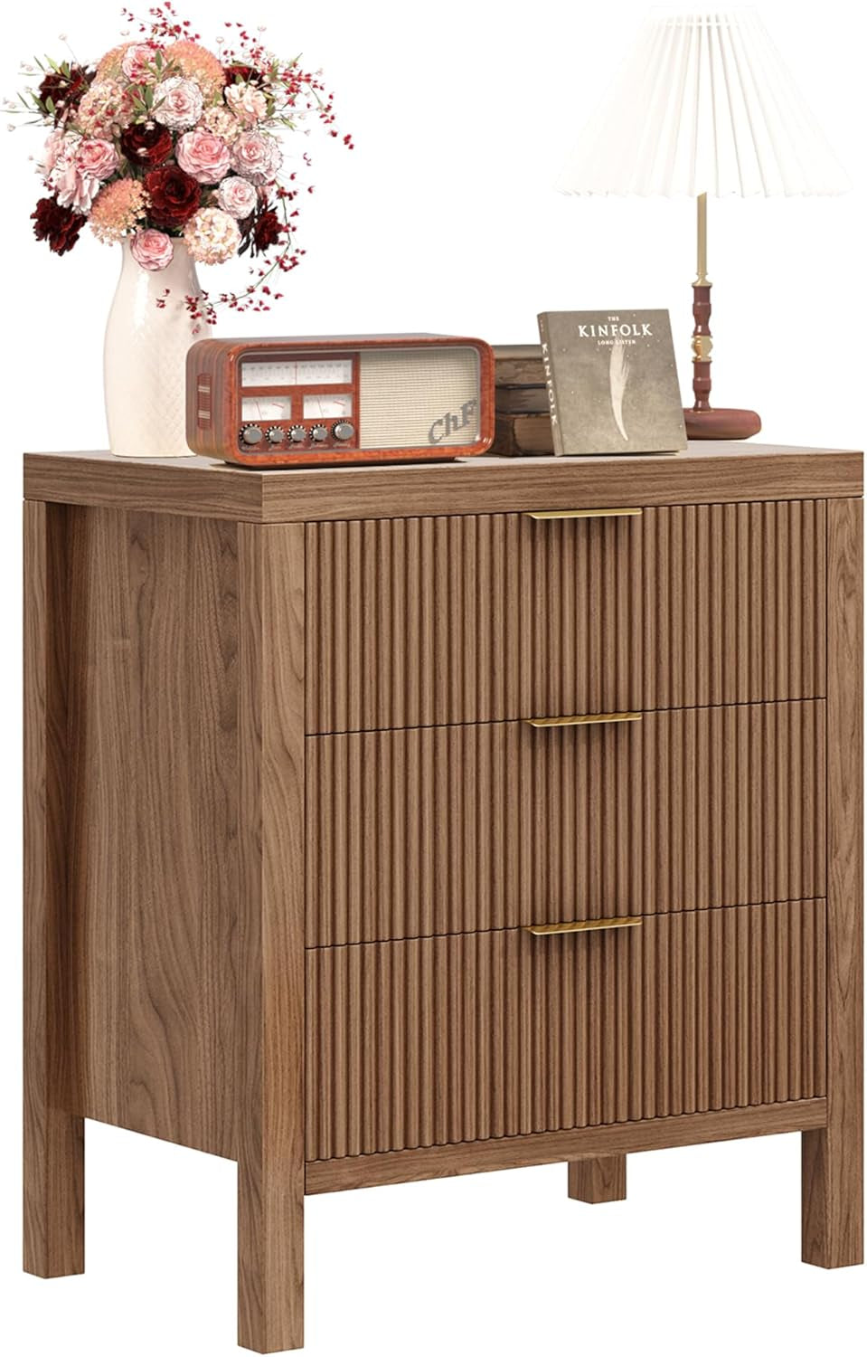 Fluted Nightstands Set of 2, Wooden Farmhouse Night Stands with 6 Drawer Bedside Table - Boho Tall End Table Accent Table for Bedroom, Living Room, Walnut