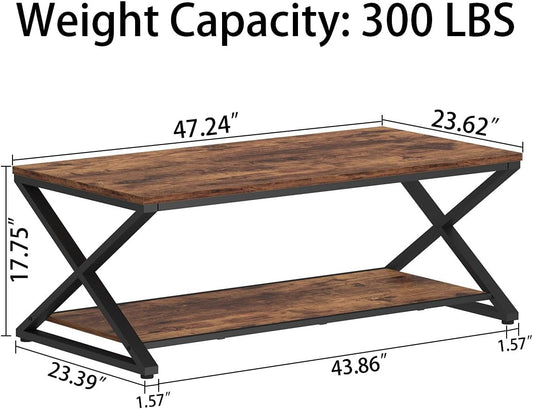 Rustic Coffee Table with Storage Shelf, Industrial Metal Wood Living Room Table, Farmhouse Minimalist Rectangle Center Table, Vintage Simple 2 Tier Cocktail Tea Table, Rustic Brown, 47 Inch